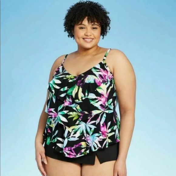 Aqua Green Swim Nwt Aqua Green Leaf Floral Tiered Tankini Top